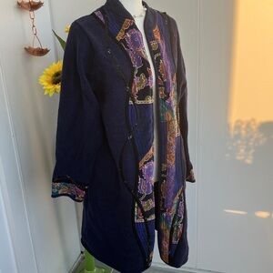 Vintage 90s Y2K Plus Size Whimsygoth Navy Artsy Floral Maxi Long Sleeve Cardigan